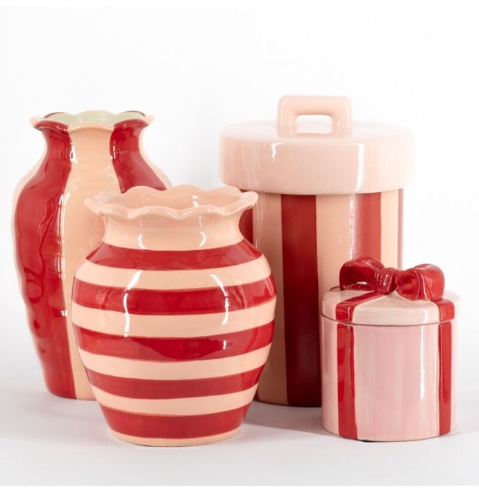 Aardewerk pot met deksel roze/rood gestreept