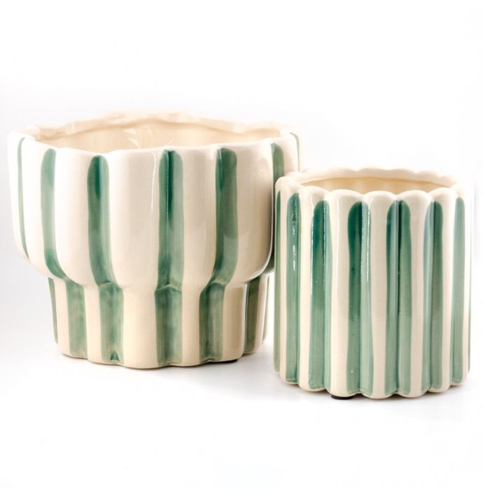 Aardewerk bloempot stripes groen