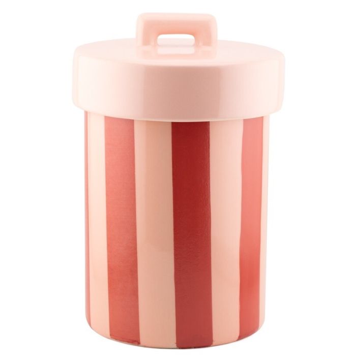 Aardewerk pot met deksel roze/rood gestreept