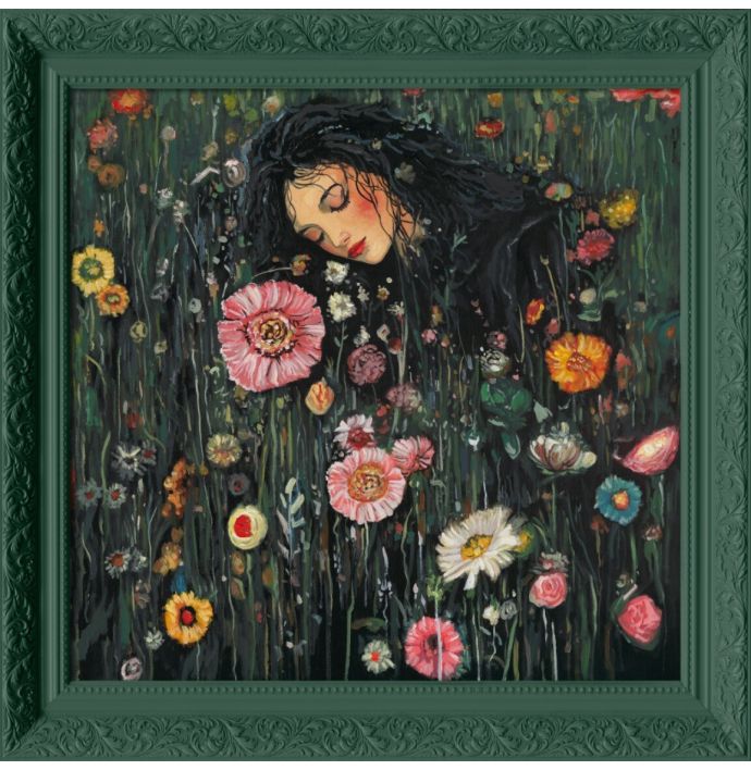 Schilderij met lijst tussen de bloemen