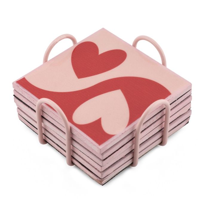 Set van 6 onderzetters met rekje tekst love