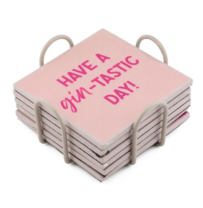 Set van 6 onderzetters met rekje tekst gin