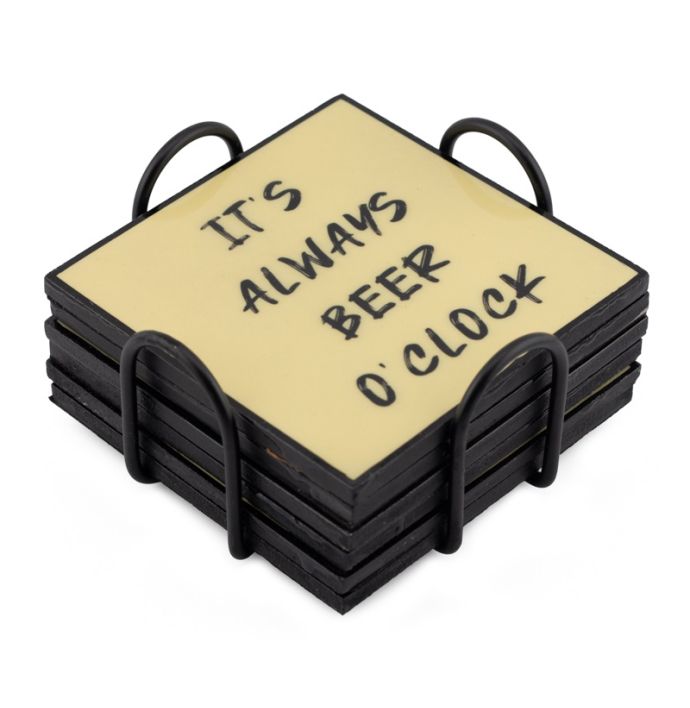 Set van 6 onderzetters met rekje tekst beer