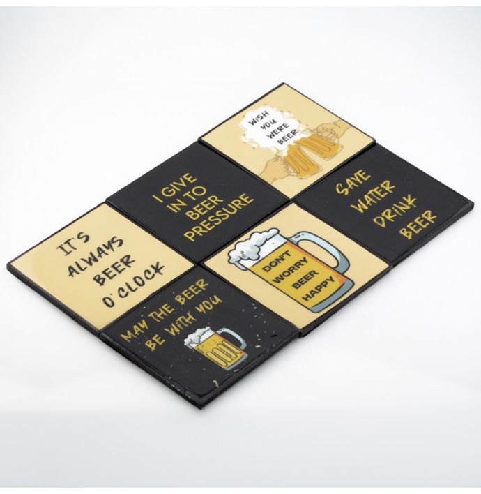 Set van 6 onderzetters met rekje tekst beer