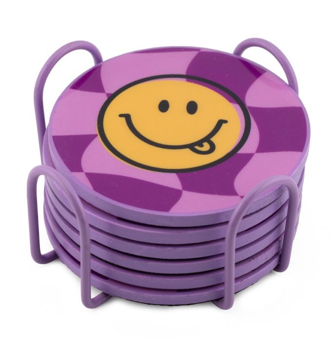 Set van 6 onderzetters met rekje tekst smiley
