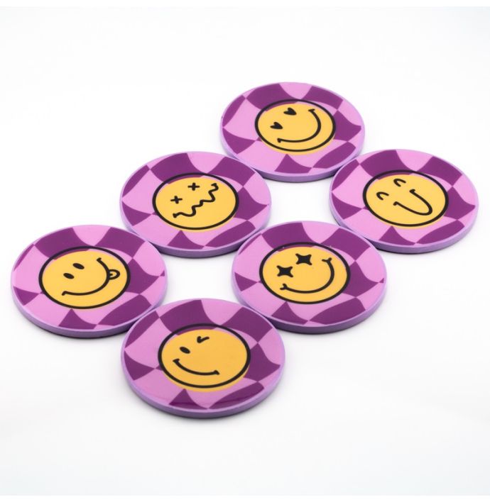 Set van 6 onderzetters met rekje tekst smiley
