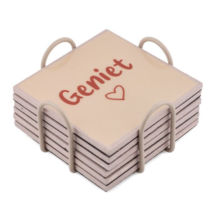 Set van 6 onderzetters met rekje tekst geniet