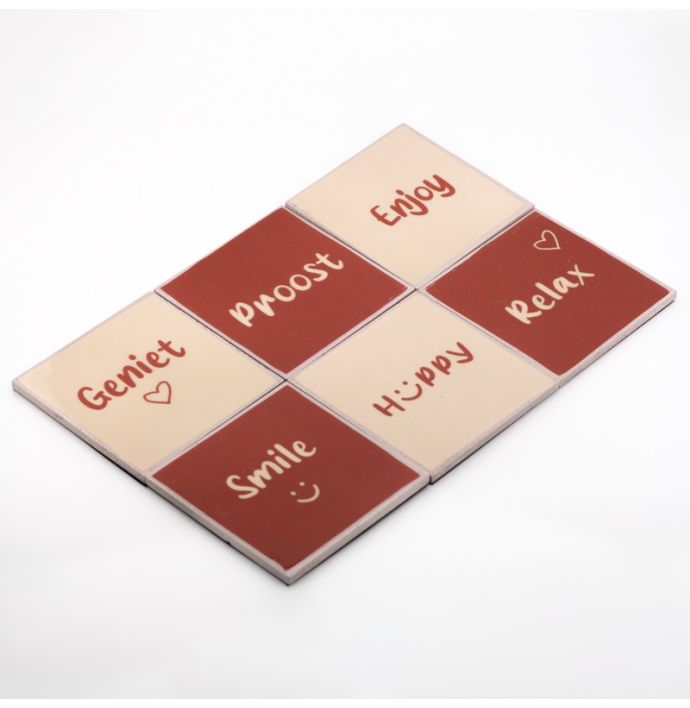 Set van 6 onderzetters met rekje tekst geniet