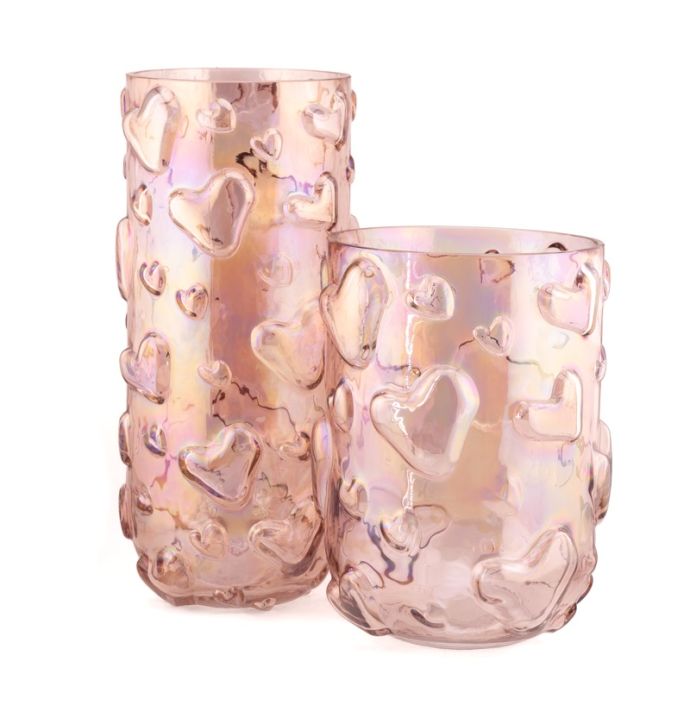 Glazen vaas hartjes holo roze M