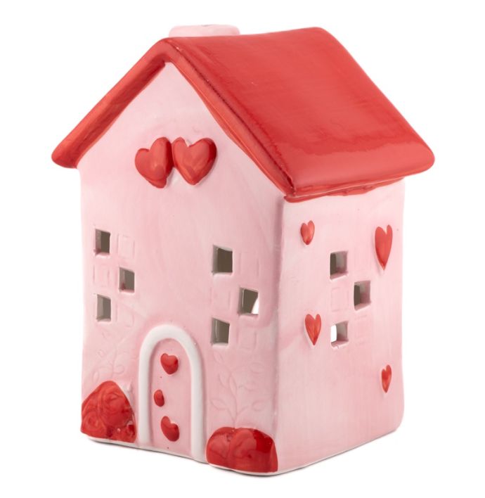 Aardewerk decoratie huisje roze L