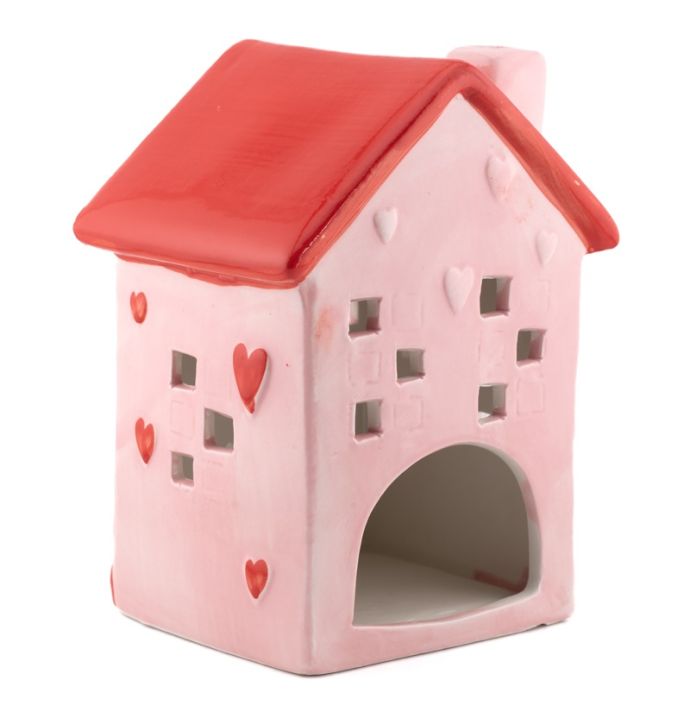 Aardewerk decoratie huisje roze L