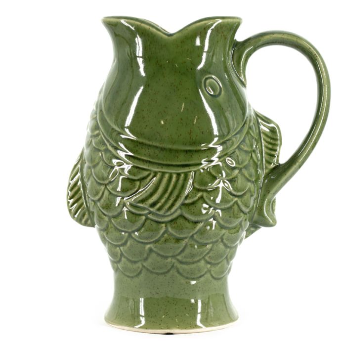 Aardewerk jug vis L groen