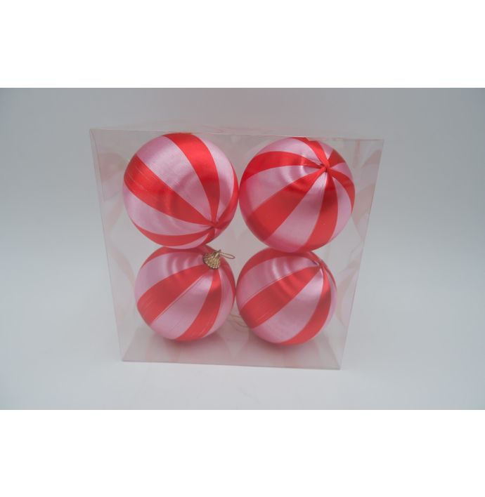 Kerstbal Set van 4 gestreept - Roze/rood