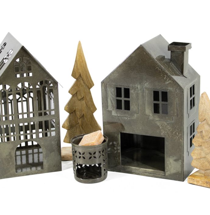 Metalen windlicht huis olive