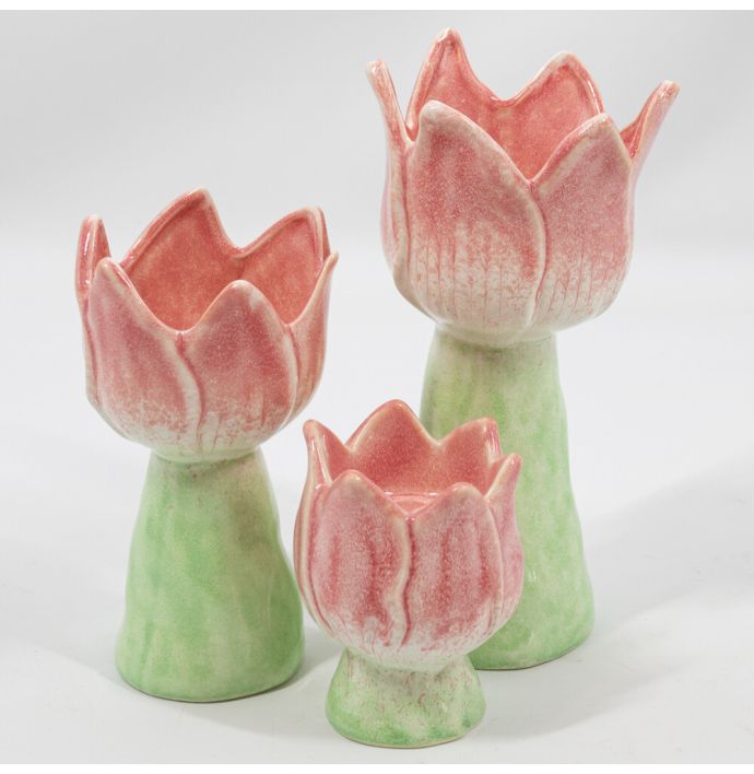 Aardewerk kaarsenstandaard tulp roze
