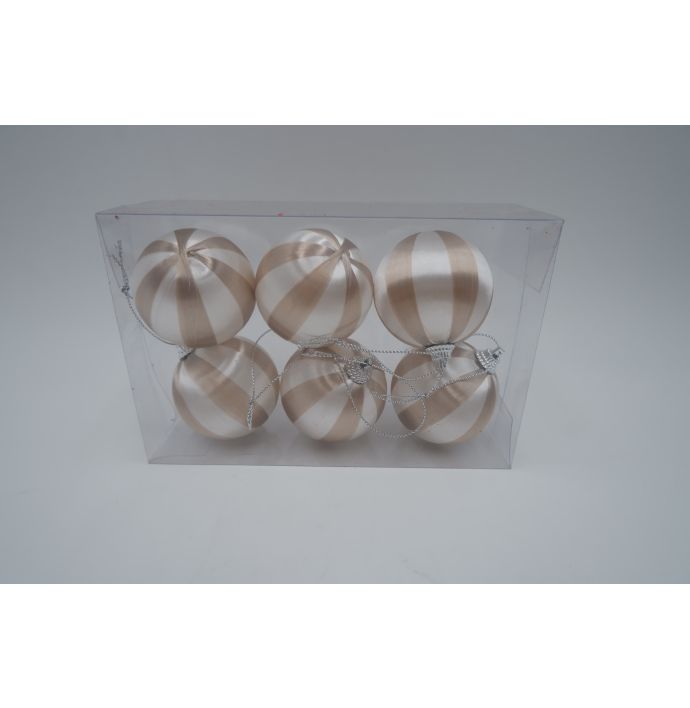 Kerstbal set van 6 gestreept beige/wit