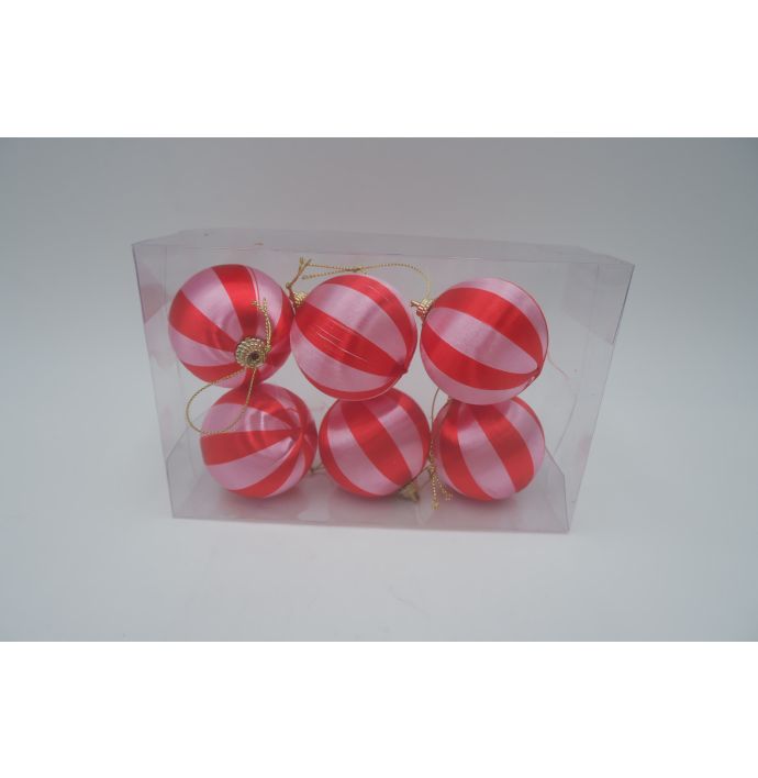 Kerstbal set van 6 gestreept roze/rood