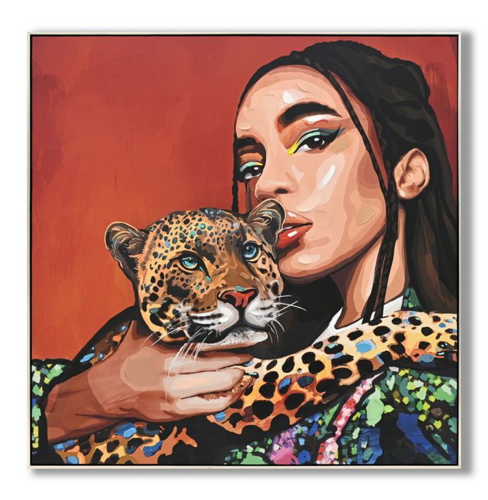 Schilderij vrouw panter 100x100cm