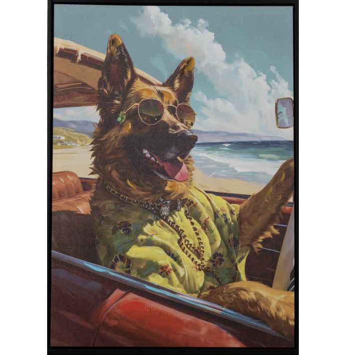 Schilderij herdershond auto 50x70cm