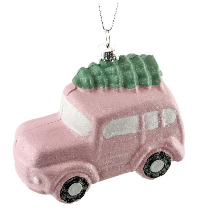 Kerstbal Hanger Auto met boom - Roze