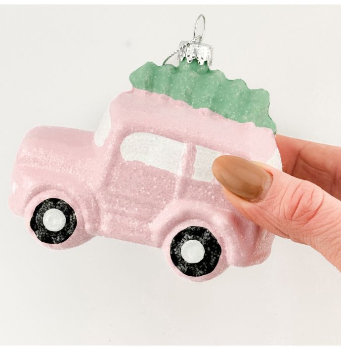 Kerstbal Hanger Auto met boom - Roze