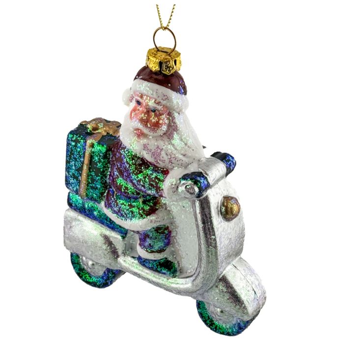 Kerstbal hanger kerstman op scooter