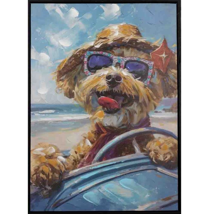 Schilderij maltezer hond auto 50x70cm