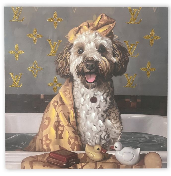 Schilderij hond in bad 60x60cm