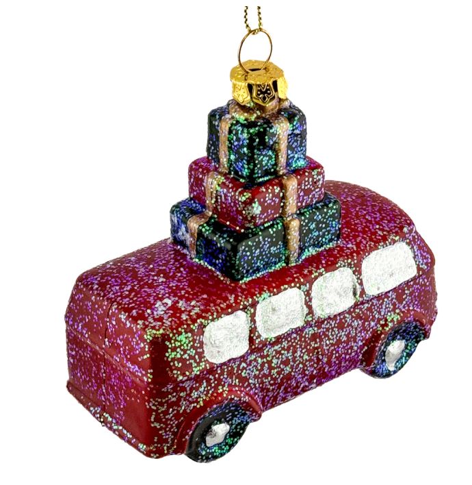Kerstbal hanger bus met cadeaus