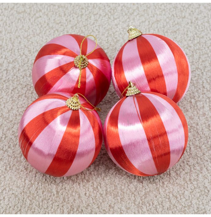 Kerstbal Set van 4 gestreept - Roze/rood