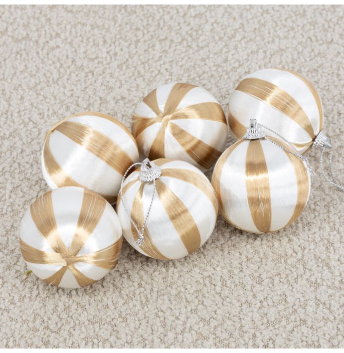Kerstbal Set van 6 gestreept - Beige/wit