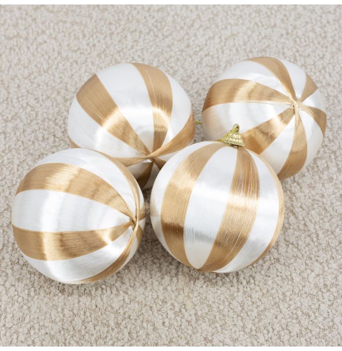 Kerstbal Set van 4 gestreept - Beige/wit