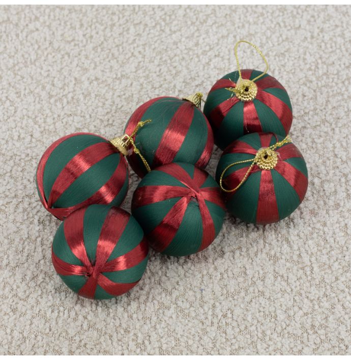 Kerstbal Set van 6 gestreept - Groen/rood