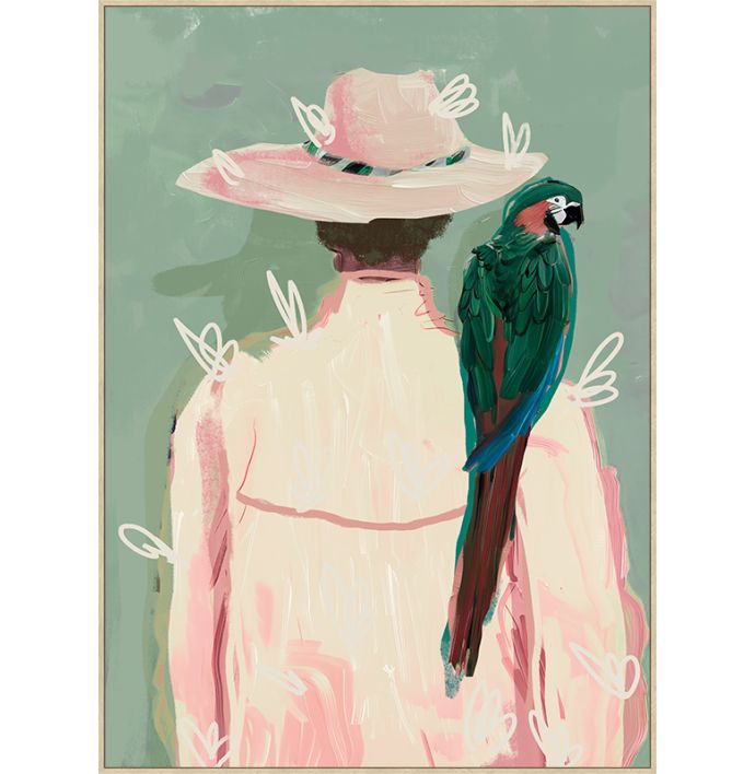 Schilderij vrouw papagaai
