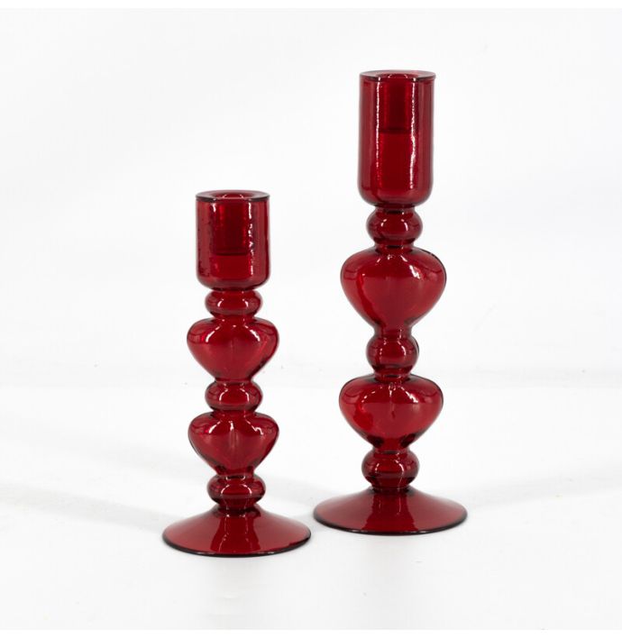 Glazen kaarsenstandaard hartjes rood