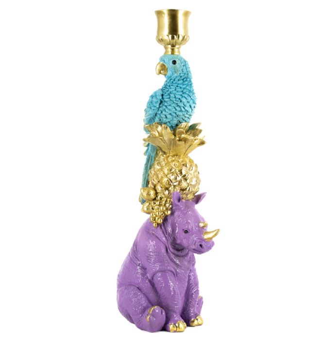 Kaarsenstandaard Chunk papegaai en neushoorn wb