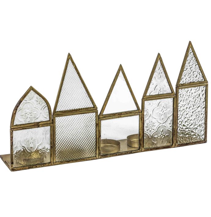 Metalen waxinestandaard rij huisjes metaal met glas