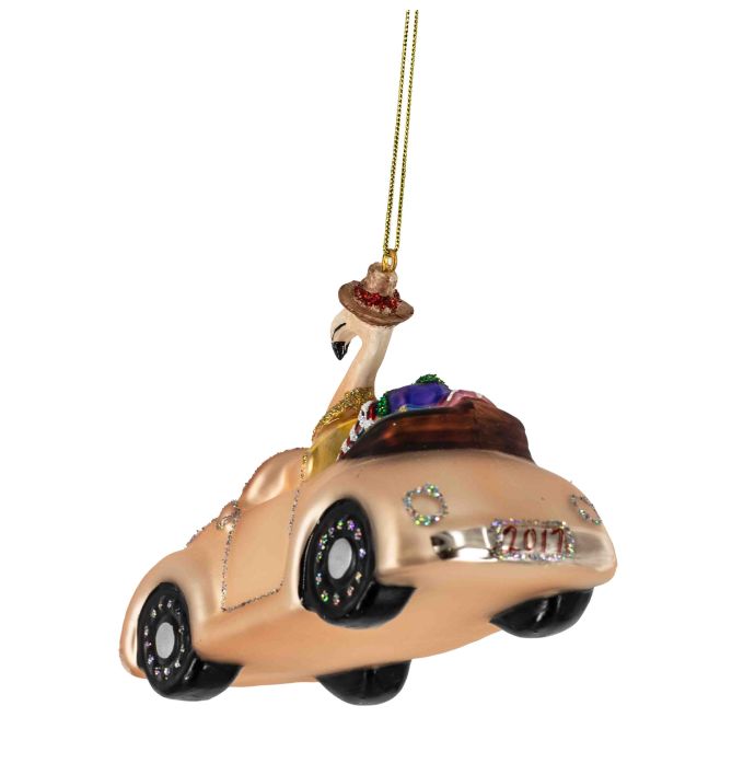 Kerstbal Auto met flamingo