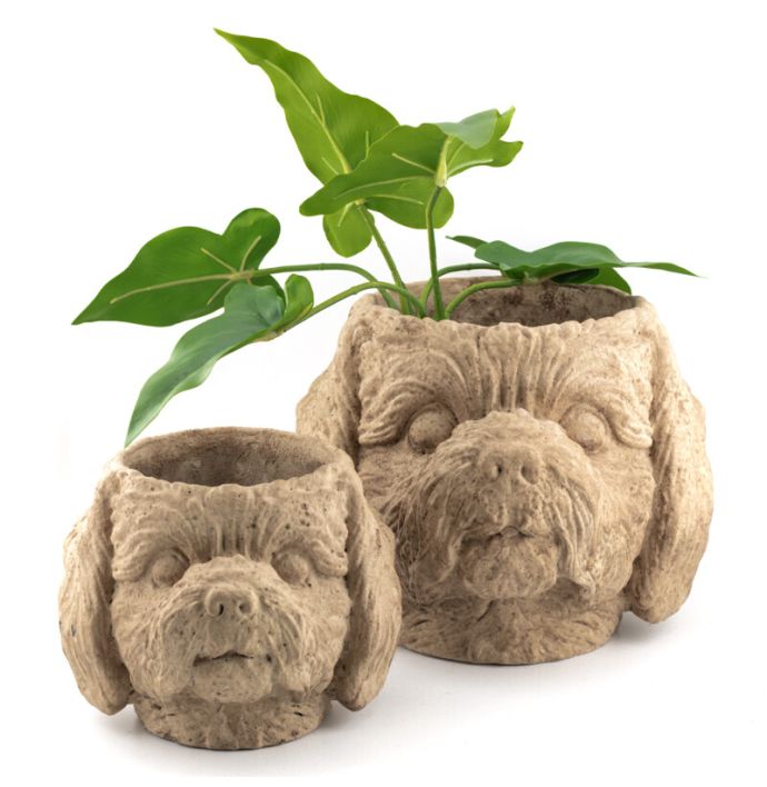 Aardewerk bloempot hond beige S