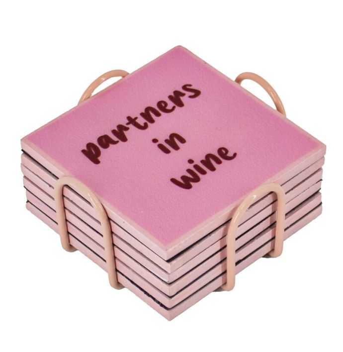 Set van 6 onderzetters met rekje 'Wijn'