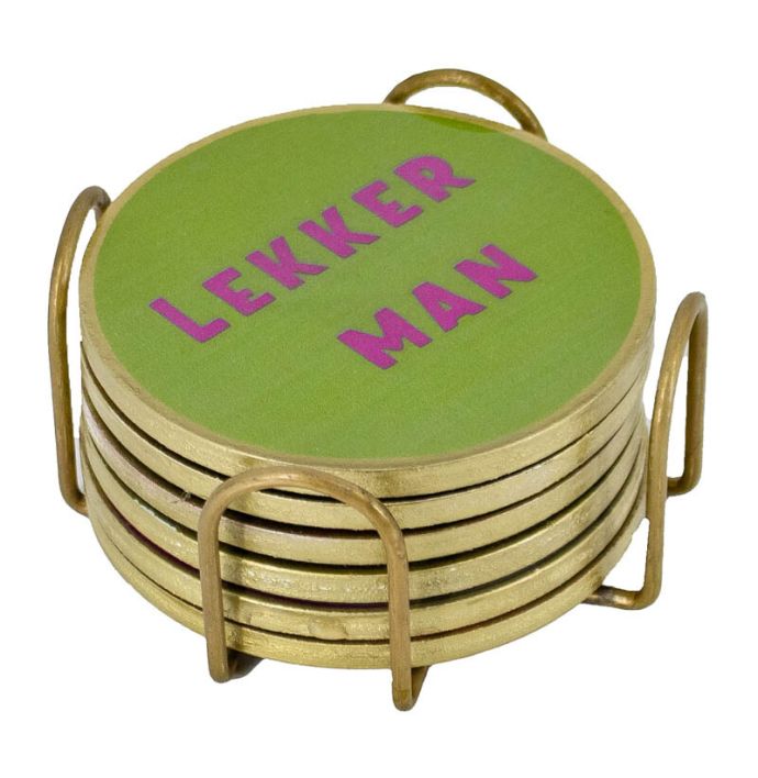 Set van 6 onderzetters met rekje 'Lekker man'