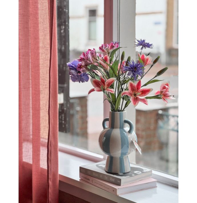 Aardewerk vaas met oren stripe light blue