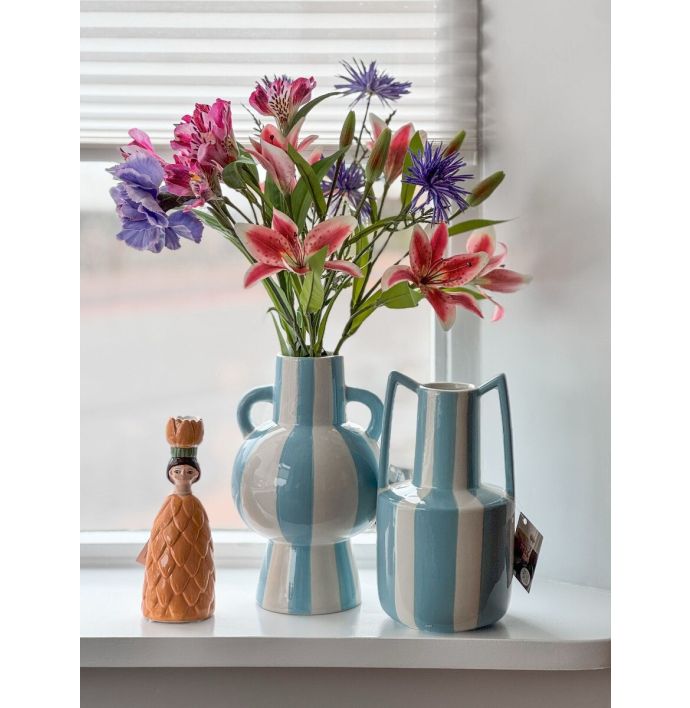 Aardewerk vaas met oren stripe light blue