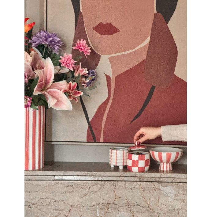 Aardewerk potje met deksel check peach