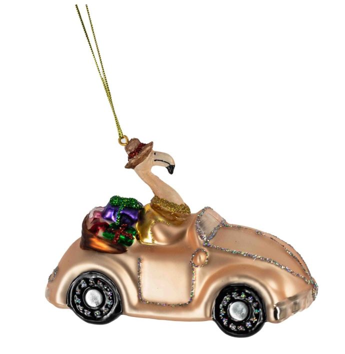 Kerstbal auto met flamingo