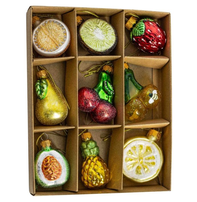 Kerstbal set van 9 fruit 5,5cm hoog