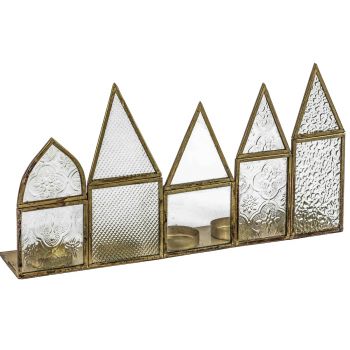 Metalen waxinestandaard rij huisjes metaal met glas 